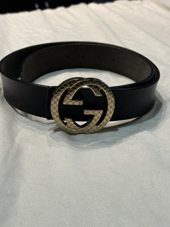 Gucci Interlocking GG Engraved Buckle Belt Black Leather Gold Size 44/110 main image 8